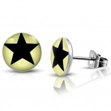 Steel earrings - light yellow circles with black star, studs