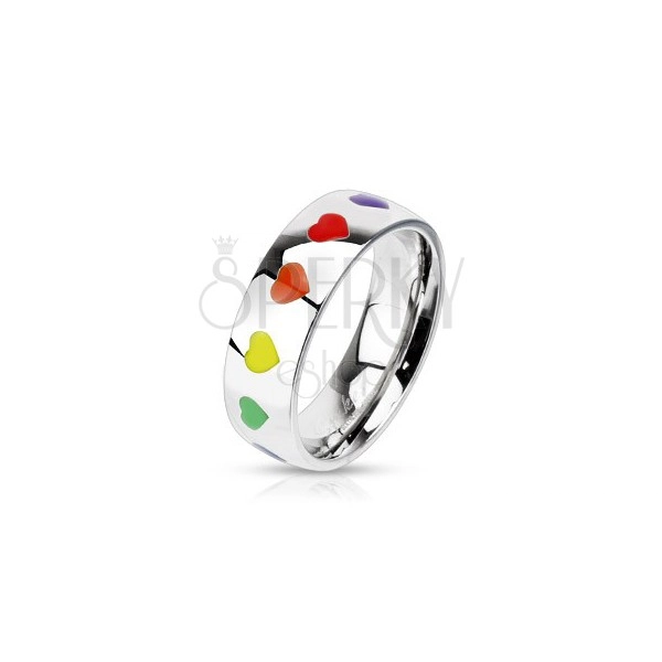 Shiny ring made of steel with rainbowlike hearts, 6 mm