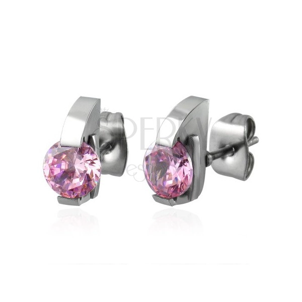 Stud earrings made of 316L steel with semicircle and pink zircon
