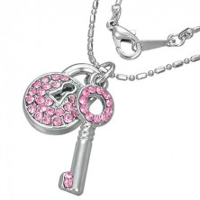 Necklace - padlock with key covered with zircons