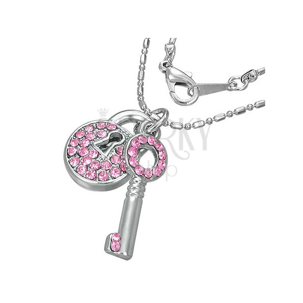 Necklace - padlock with key covered with zircons
