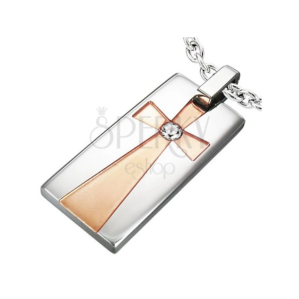 Pendant made of surgical steel - rectangle, cross in gold colour with clear zircon