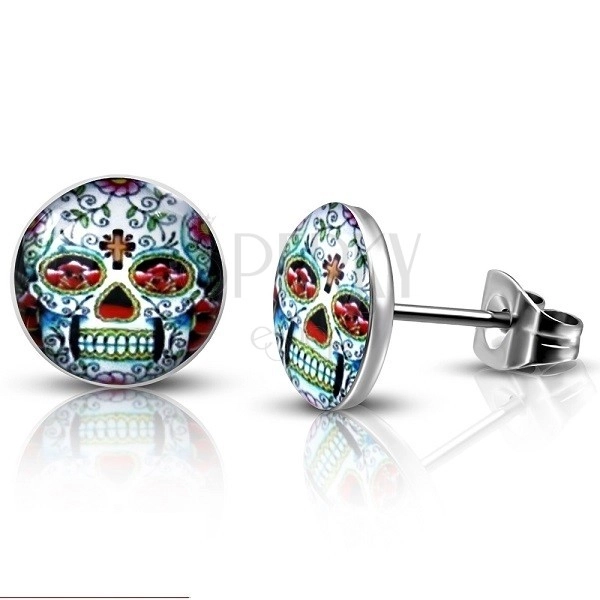 Surgical steel earrings with a skull with flowers