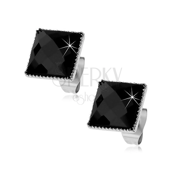 Earrings made of 316L steel, black cut square lined with tiny notches