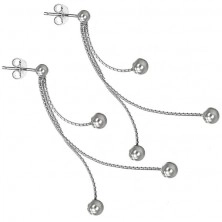 Silver stud earrings 925 - three beads on chainlets