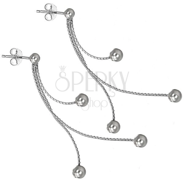 Silver stud earrings 925 - three beads on chainlets