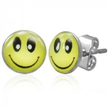 Steel earrings with stud fastening, yellow smiley