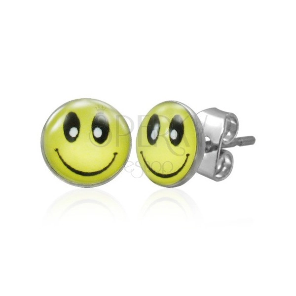 Steel earrings with stud fastening, yellow smiley