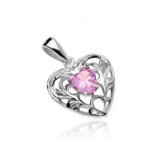 Silver pendant 925 - decorated heart with pink zirconic heart in the middle