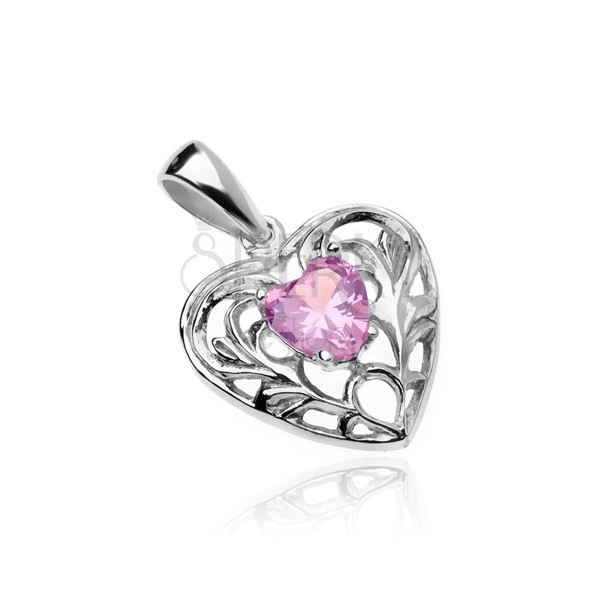 Silver pendant 925 - decorated heart with pink zirconic heart in the middle