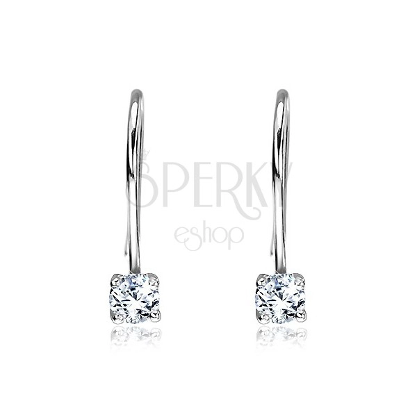 Silver earrings 925 - round clear zircons on hook, 3 mm