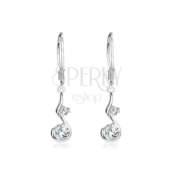 Silver dangling earrings 925 - pendant in shape of letter S on hook, two zircons