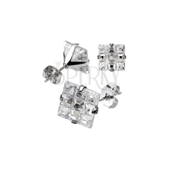 Steel stud earrings - polished, square zircon