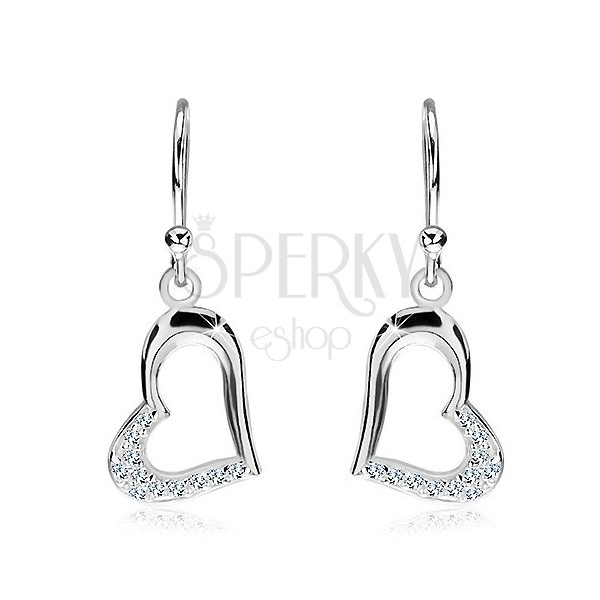 Silver earrings 925 - extended hearts with zircons, side eyelets