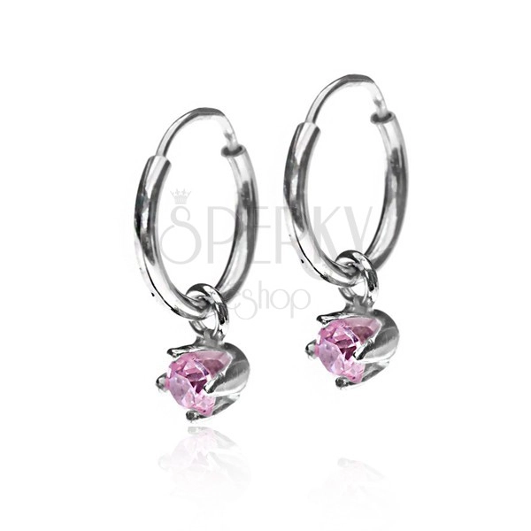 Earrings made of 925 silver - small circles, pink zircons in mount