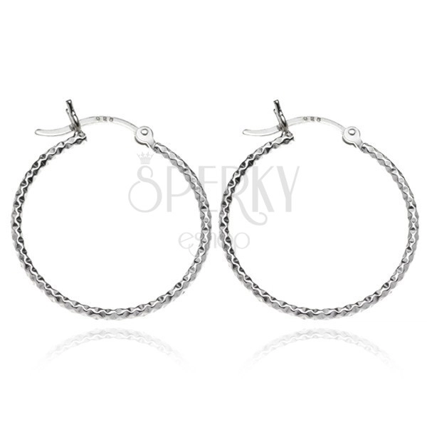 Silver earrings 925, circles - rhombic engraving, 25 mm