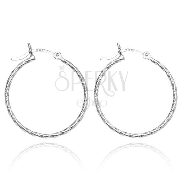 Earrings made of 925 silver - twisted circles with engraving, 25 mm
