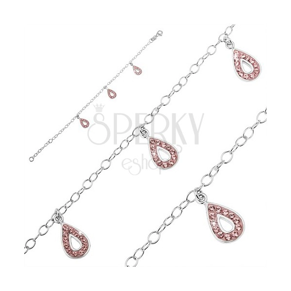 Bracelet made of 925 silver - three tear-shaped pendants, pink zircons