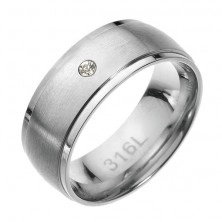 Ring made of surgical steel - matt middle stripe, bright edges, zircon