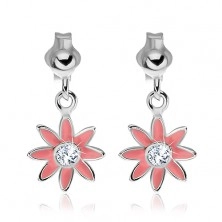 Silver stud earrings 925 - pink ox-eye daisies with zircon