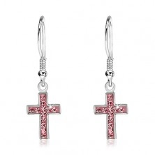 Silver dangling earrings 925 - cross with pink zircons