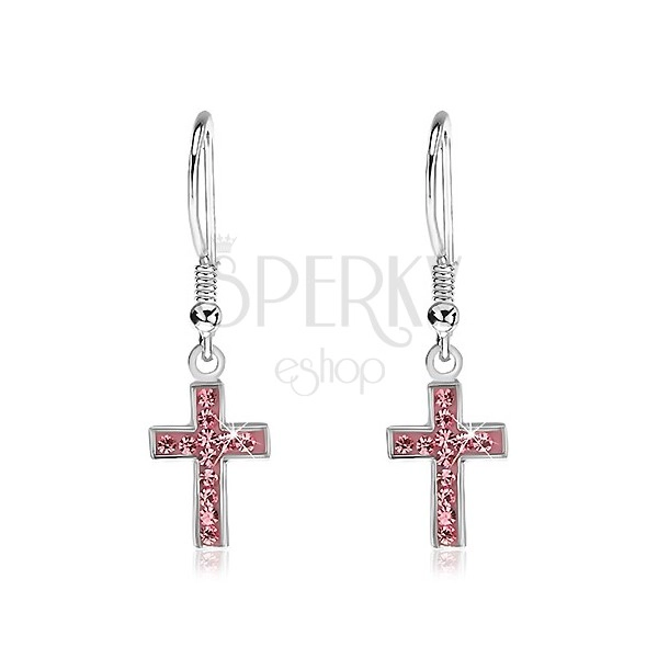 Silver dangling earrings 925 - cross with pink zircons