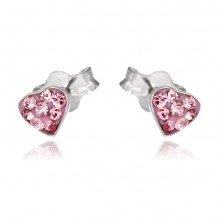 Silver stud earrings, 925 - pink heart with zircons