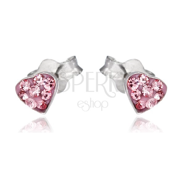 Silver stud earrings, 925 - pink heart with zircons