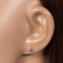 Silver stud earrings 925 - pink ball with zircons, 4 mm