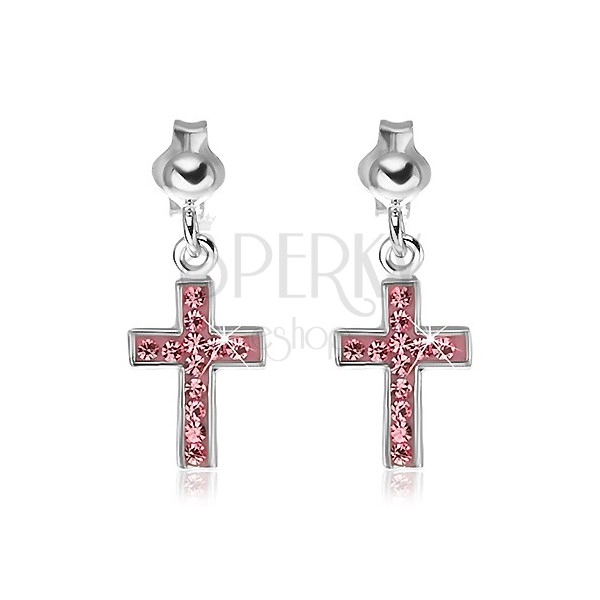 Stud earrings made of 925 silver - dangling pink cross with zircons