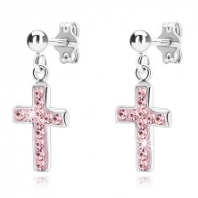 Stud earrings made of 925 silver - dangling pink cross with zircons