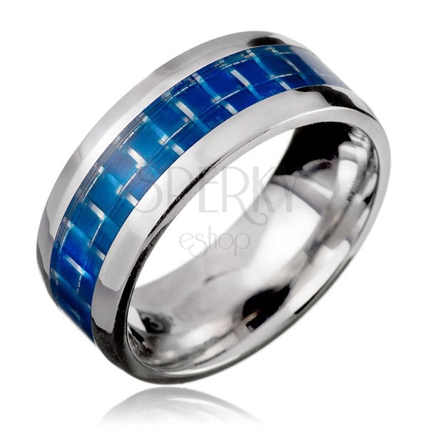 Ring made of steel - blue stripe, carbon fibre effect