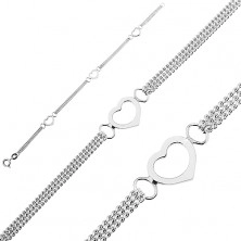 Silver bracelet 925 - three hearts and multi chainlet