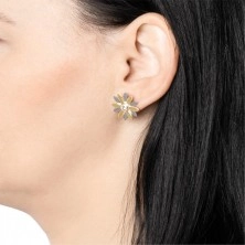 Steel earrings - flower with petals in gold and silver colours and zircon