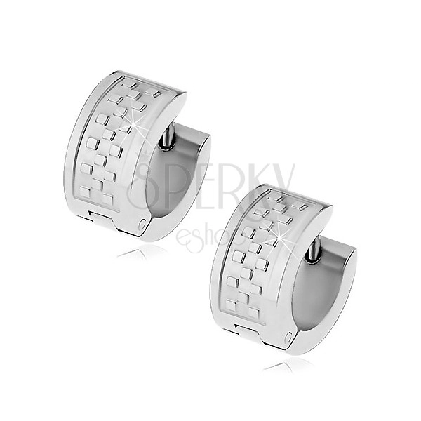 Huggie earrings made of surgical steel, silver colour, chessboard pattern