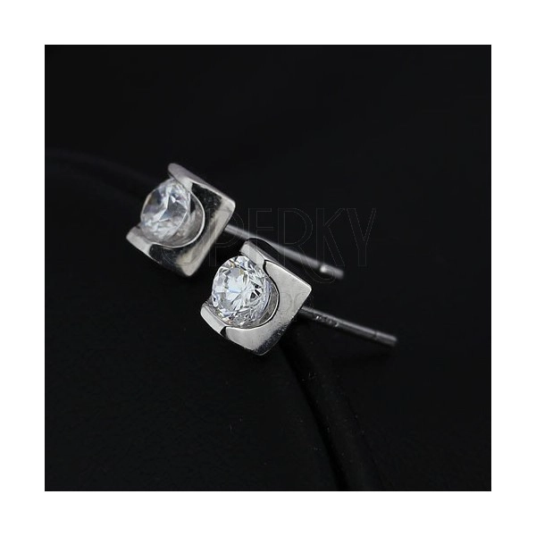 Silver stud earrings 925 - clear zircon in shiny brick