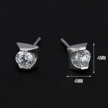 Silver stud earrings 925 - clear zircon in shiny brick