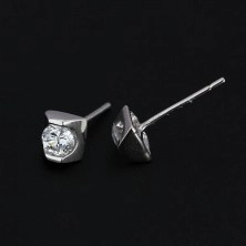 Silver stud earrings 925 - clear zircon in shiny brick