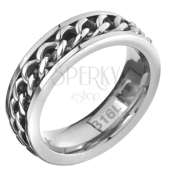 Ring made of steel - chainy central stripe, silver color