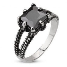 Ring made of steel - square onyx grasped in claws, patinated