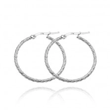 Silver hoop earrings 925 - sparkling line, thin skew notches, 25 mm