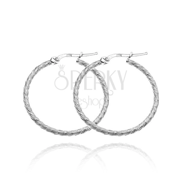 Silver hoop earrings 925 - sparkling line, thin skew notches, 25 mm