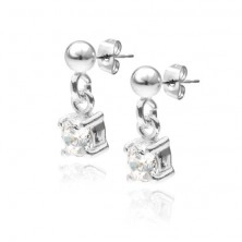 Silver stud earrings - dangling round clear rhinestone, 4 mm