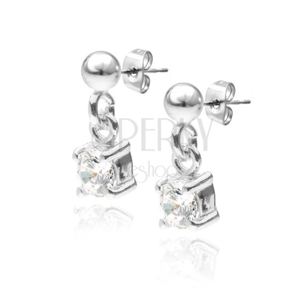 Silver stud earrings - dangling round clear rhinestone, 4 mm