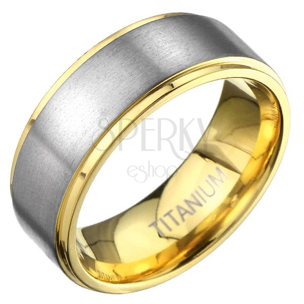 Titanium ring in gold color with matt silvery stripe