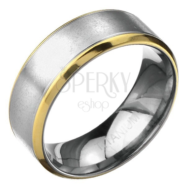 Titanium ring - matt silvery stripe with grooves and golden border