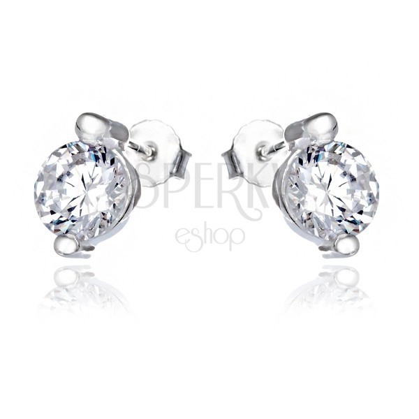 Silver stud earrings - round clear zircon and pins