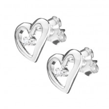 Silver earrings - irregular heart contour with zircon