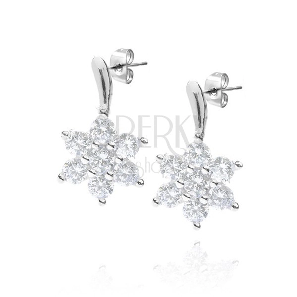 Silver stud earrings - clear zircon flower on peduncle