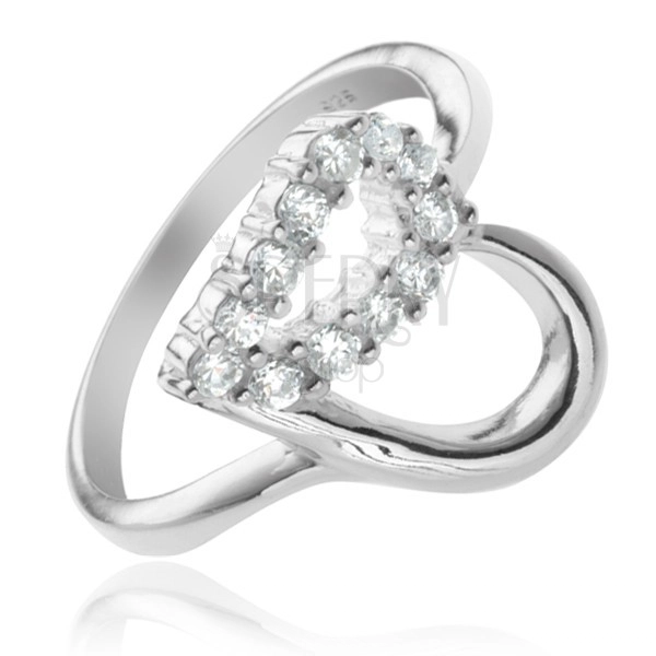 Silver ring - heart contour, clear zircon half